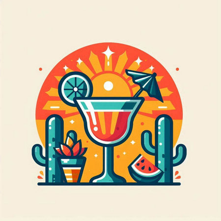 Cocktail flat line icon. Vector illustration of cocktail with cacti, lemon and watermelon.のイラスト素材