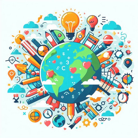 Colorful flat vector illustration of education and school objects around the globeのイラスト素材