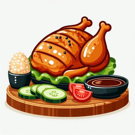 Illustration of a grilled chicken with rice, cucumber and sauceのイラスト素材