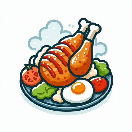 Illustration of fried chicken with rice and fried egg on white backgroundのイラスト素材