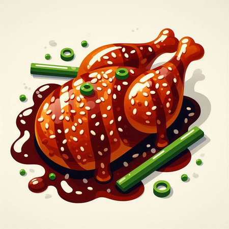 Illustration of a grilled chicken with sauce and green onions on a white backgroundのイラスト素材