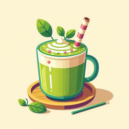 Matcha latte with whipped cream and green leaves. Vector illustration.のイラスト素材