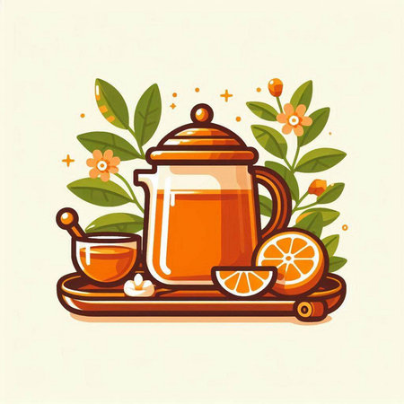 Cup of tea with lemon and mint leaves, vector illustration.のイラスト素材