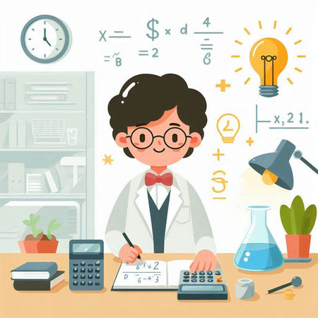 Scientist working at the table. Vector illustration in flat style.のイラスト素材