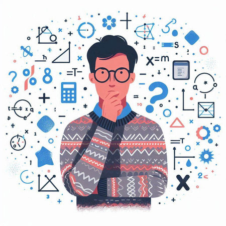 Vector illustration of a young man in a sweater and glasses with a backpack and different icons around himのイラスト素材