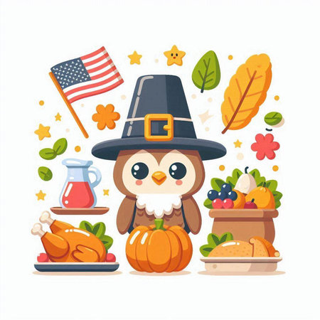 Penguin with Thanksgiving day elements. Vector illustration in cartoon style.のイラスト素材