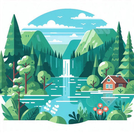 Summer landscape with lake, forest and mountains. Vector illustration in flat style.のイラスト素材