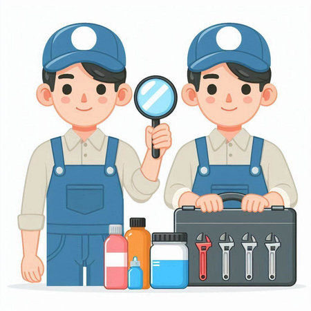 Repairman with tool box and magnifying glass. Vector illustration.のイラスト素材