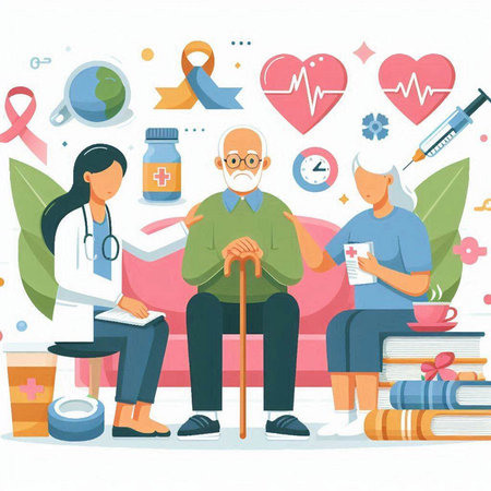 Vector illustration of a doctor, nurse and senior man sitting on the sofa.のイラスト素材