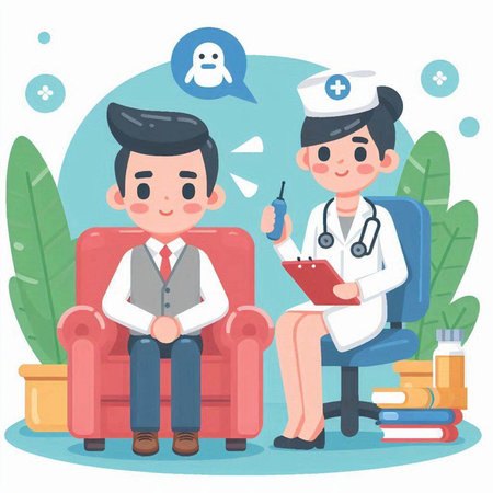 Nurse and Patient sitting on the couch in the hospital. Vector illustrationのイラスト素材