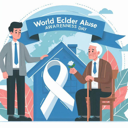 World Aids Day Poster. Elderly Man Sitting in Armchair with Awareness Ribbon and Flower. Vector Illustrationのイラスト素材