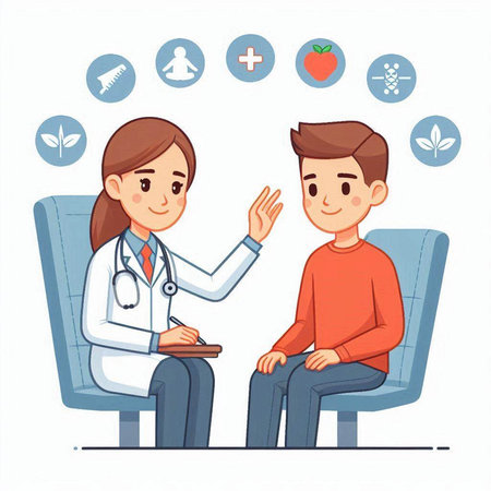 Doctor and patient sitting on the chair and talking. Vector illustration.のイラスト素材
