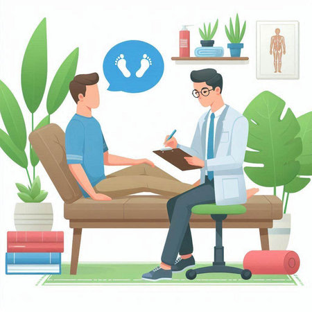 Doctor writing prescription to male patient in hospital room, cartoon vector illustrationのイラスト素材