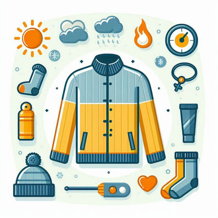 Winter clothing and accessories. Vector illustration in flat style. Warm clothes and accessories.のイラスト素材
