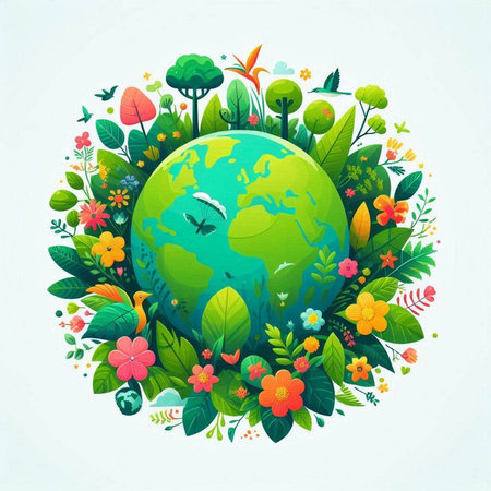 Illustration of a green planet with flowers and butterflies. Vector illustration.のイラスト素材