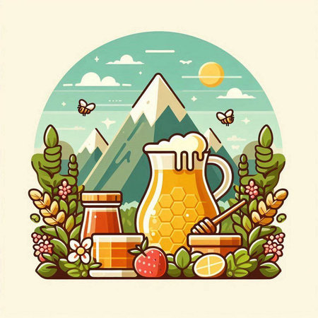 Honey jar with honey dipper, honeycomb, jar of honey, honeycombs and flowers. Vector illustration.のイラスト素材