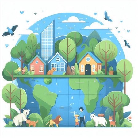 Vector illustration of the world with animals and houses on a white background.のイラスト素材