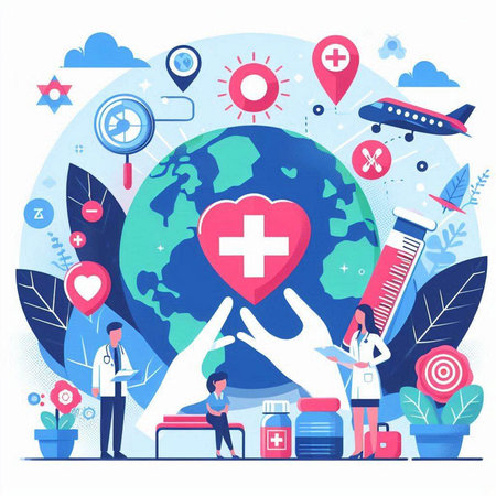 Vector illustration of World Health Day concept with doctor, world map, people and medical equipment.のイラスト素材