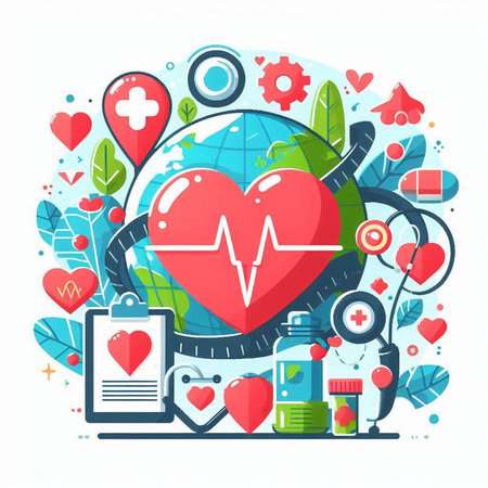 Vector flat design illustration of world health day concept with heart, medical icons and symbols.のイラスト素材