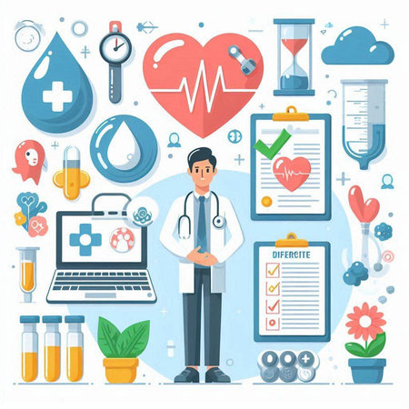 Vector medical illustration with doctor, stethoscope, clipboard, pills, test tubes, heart, heart rate monitor, syringe, stethoscope, heart rate monitor. Health care concept.のイラスト素材