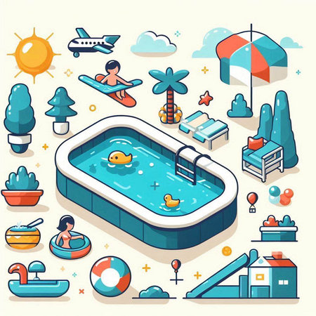 Vector illustration of inflatable pool in flat style. Swimming pool with inflatable duck, sun lounger, palm trees, sea lifebuoy, beach house, swimming pool, inflatable ring, lifebuoy.のイラスト素材