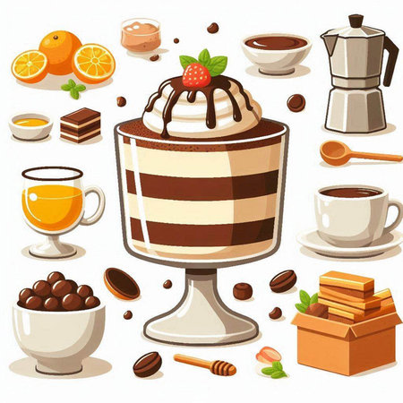 Cup of coffee and chocolate desserts on a white background. Vector illustration.のイラスト素材