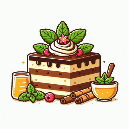 Illustration of a chocolate cake with mint leaves and cinnamon sticks.のイラスト素材
