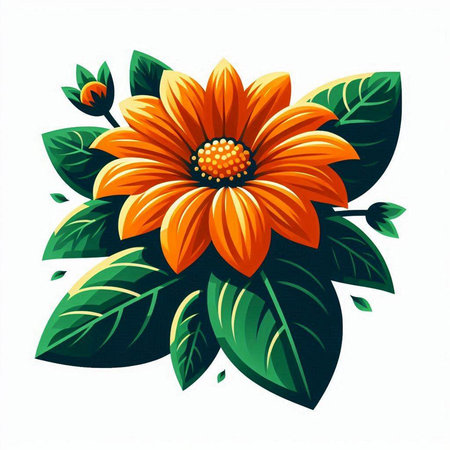 Beautiful vector illustration of orange flower with green leaves on white backgroundのイラスト素材