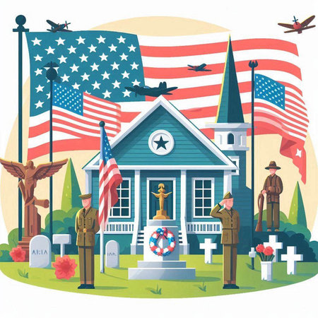 American cemetery with american flag, gravestones and crosses. Vector illustration.のイラスト素材