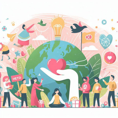Flat design vector illustration concept of World Environment Day. People are holding Earth globe with heart shape, social media icons and symbols.のイラスト素材
