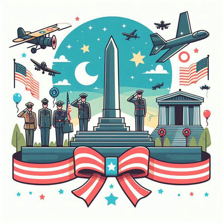 Vector illustration of Memorial Day with american flags, stars and soldiers.のイラスト素材