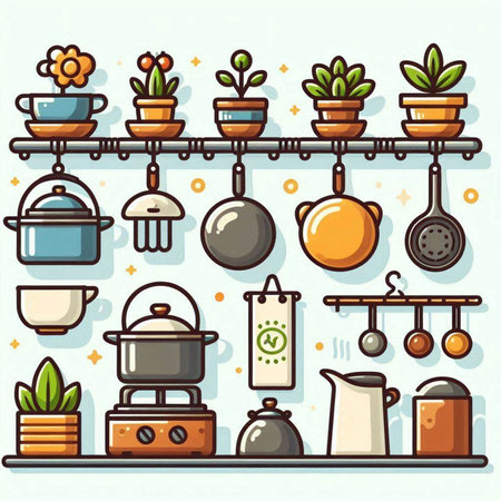 Vector illustration of kitchen utensils and pots on a shelf.のイラスト素材