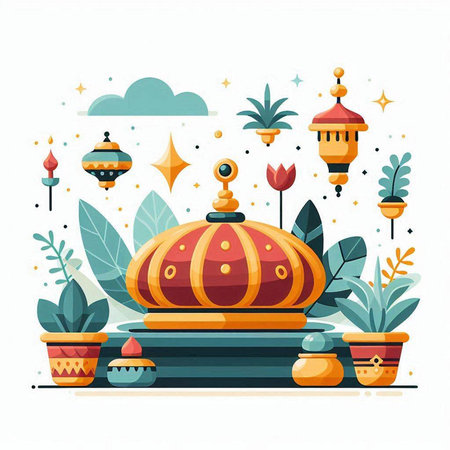 Vector illustration of Ramadan Kareem greeting card with mosque and lanternsのイラスト素材