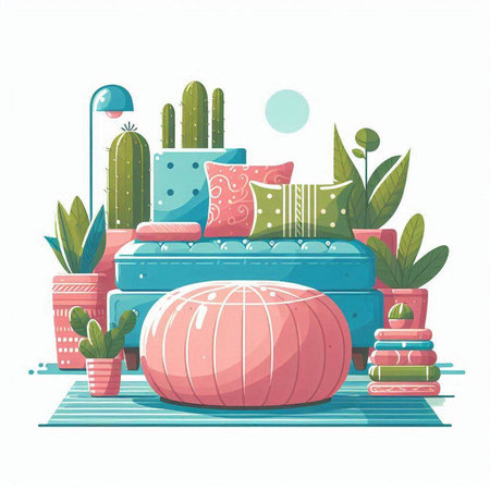 Vector illustration of a cozy bedroom with a sofa, pillows, cacti and potted plantsのイラスト素材