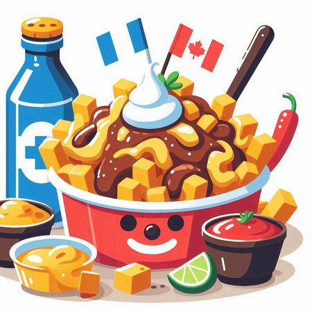 Illustration of a bowl of french fries and ingredients on a white backgroundのイラスト素材
