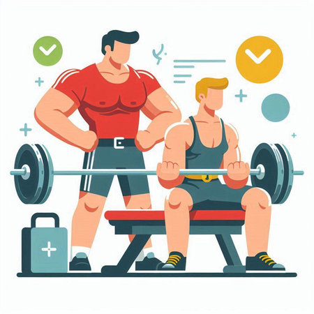 Vector illustration of a personal trainer helping a man to lift a barbell.のイラスト素材