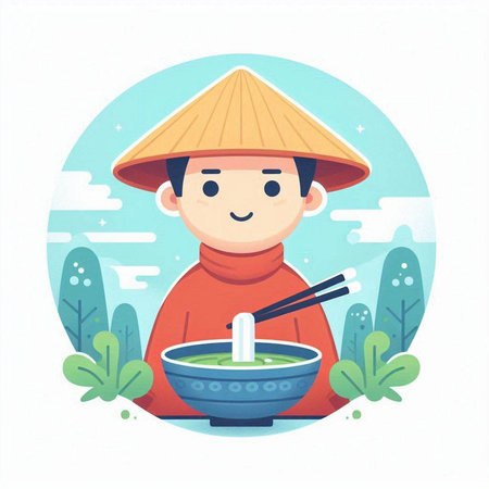 Asian boy eating soup in a bowl. Vector illustration in cartoon style.のイラスト素材