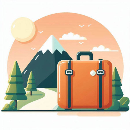 Vector illustration of a travel suitcase in the mountains. Flat style.のイラスト素材