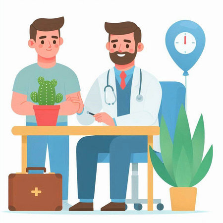 Doctor and patient sitting at table with cactus. Vector illustration.のイラスト素材