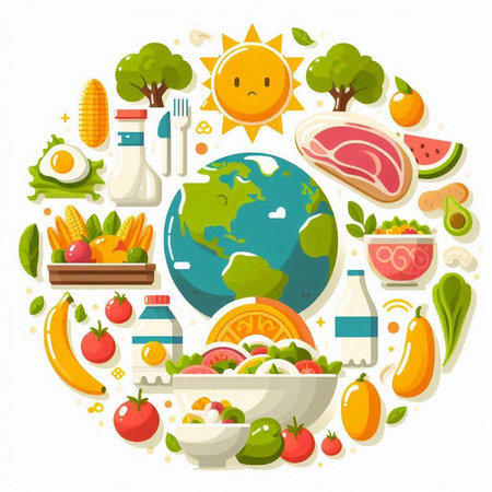 Vector illustration of healthy food in the form of a circle. Vegetables, meat, fish, eggs, fruits and vegetables.のイラスト素材