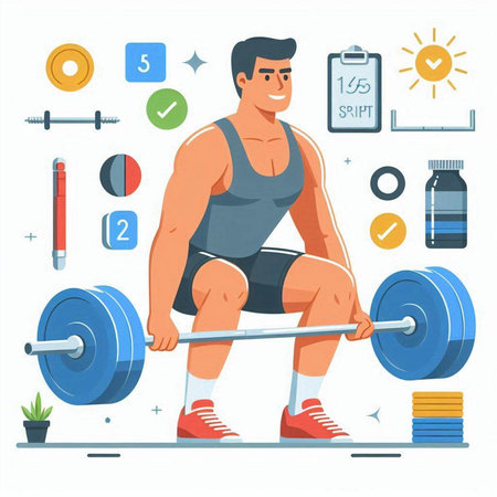 Man in sportswear doing exercise with barbell. Vector illustrationのイラスト素材