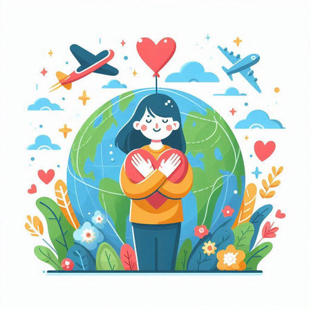 World environment day concept. Girl holding hands on heart shaped balloon. Vector illustrationのイラスト素材