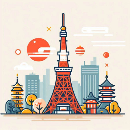 Tokyo tower. Japan landmark. Vector illustration in flat style.のイラスト素材