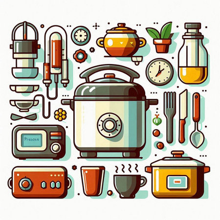 Kitchen and cooking icons set in flat line style. Vector illustration.のイラスト素材