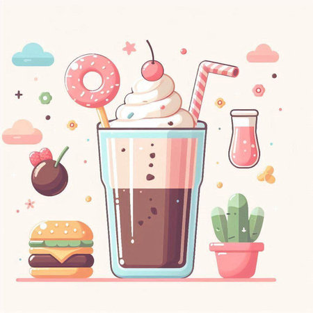 Iced coffee with sweets. Vector illustration in flat cartoon style.のイラスト素材