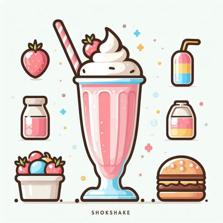 Strawberry milkshake in a glass icon set. Vector illustration.のイラスト素材