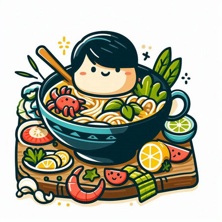 Illustration of a boy eating noodle in a bowl with vegetablesのイラスト素材