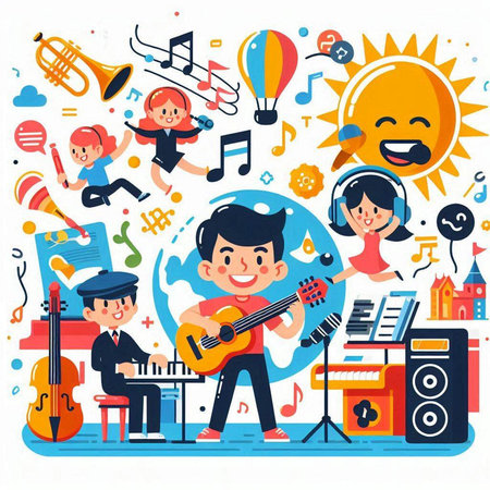 Musical school, kids learning to play musical instruments. Vector illustration.のイラスト素材