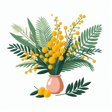 Bouquet of mimosa flowers in vase. Vector illustration.のイラスト素材