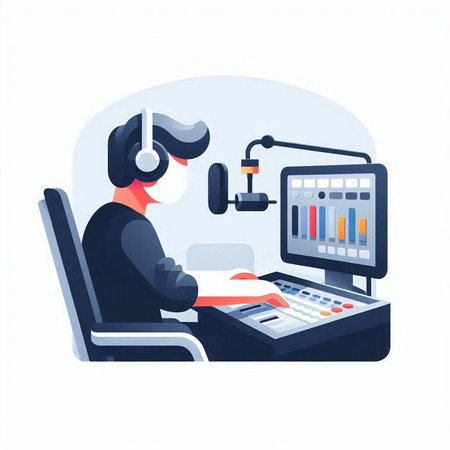 Operator in a mask and headphones working on a computer. Vector illustrationのイラスト素材
